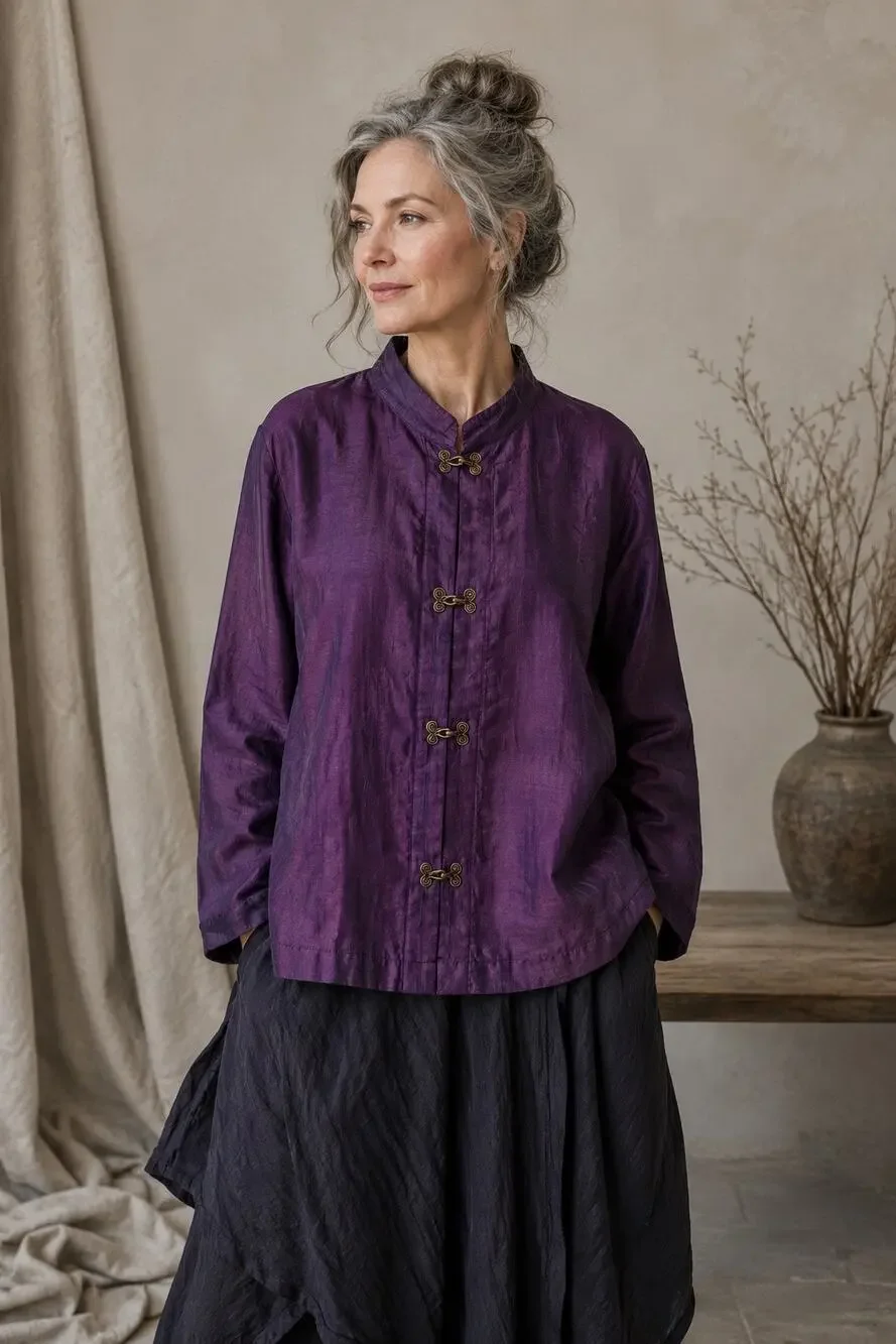 Citron Purple Linen Textured Mandarin Collar Frog Closure Jacket Top Lagenlook